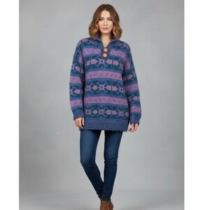 Vintage Hand Knit Sweater Wool Ecuador Chunky 90s Outdoor Colorful Purple Sz L